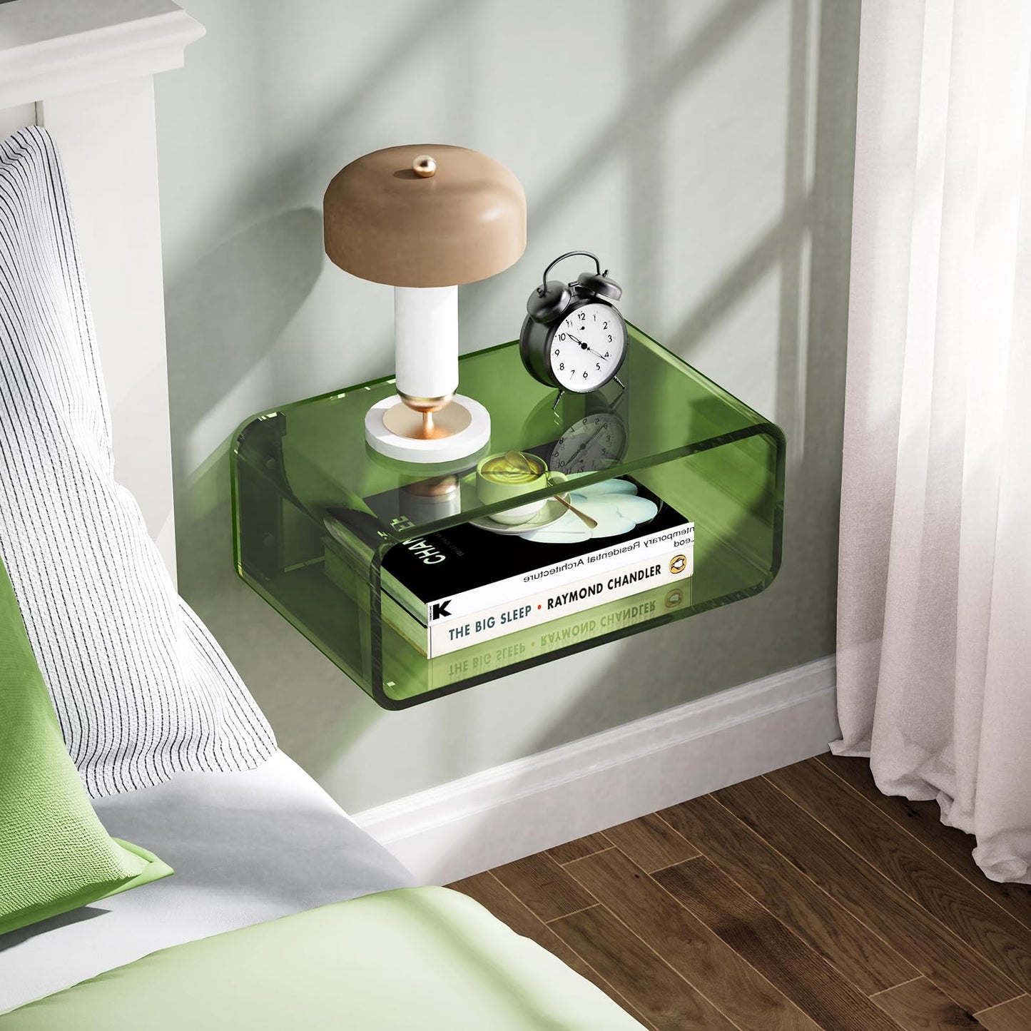 Acrylic Floating Nightstand, Bedside Table, Nightstand Shelf Wall Mounted Bedside Shelf (Green, Small)
