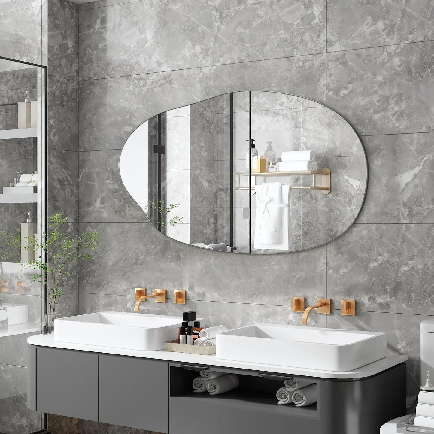Lzuso Bathroom Wall Mirror Wood Framed Modern Decorative Irregular Asymmetrical Mirrors for Bedroom Living Room Entryway Dressing Table Wall Decoration Room Decor 26" L x 18" W