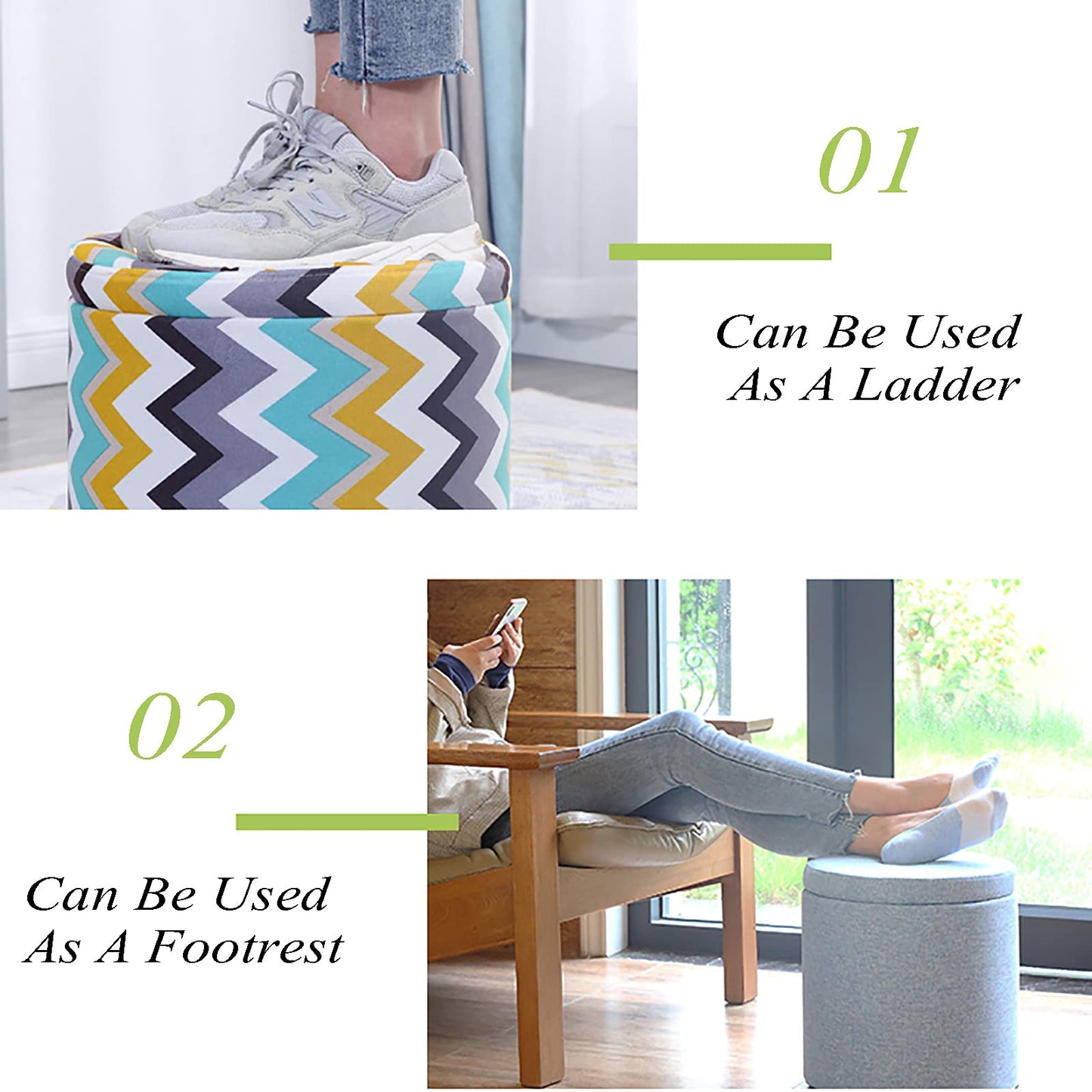 Storage Round Pouffe Stool,Ottoman Footstool,Dressing Table Stool Change Shoe Footrest Removable Lid for Living Room Bedroom,Khaki-L, Large