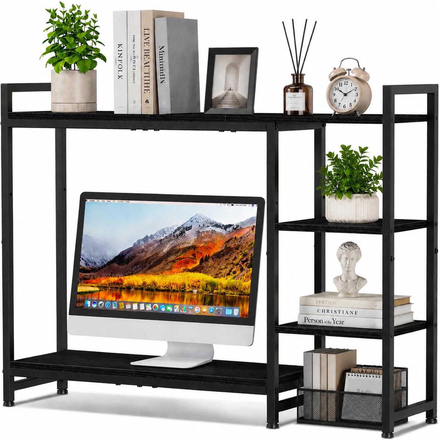 Snughome Adjustable Desk Shelf with Monitor Stand, 38.6" Desktop Organizer Hutch, Height Adjustable Computer Monitor Riser & 4 Tier Storage Bookshelf for Home Office Dorm, Black