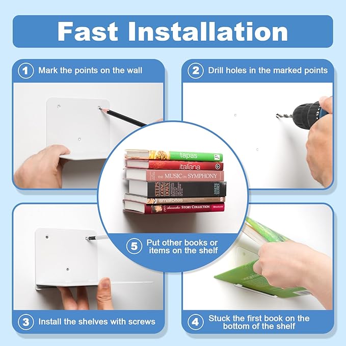 FENTEC Floating Book Shelves for Wall, Wall Mounted Invisible Floating Bookshelf