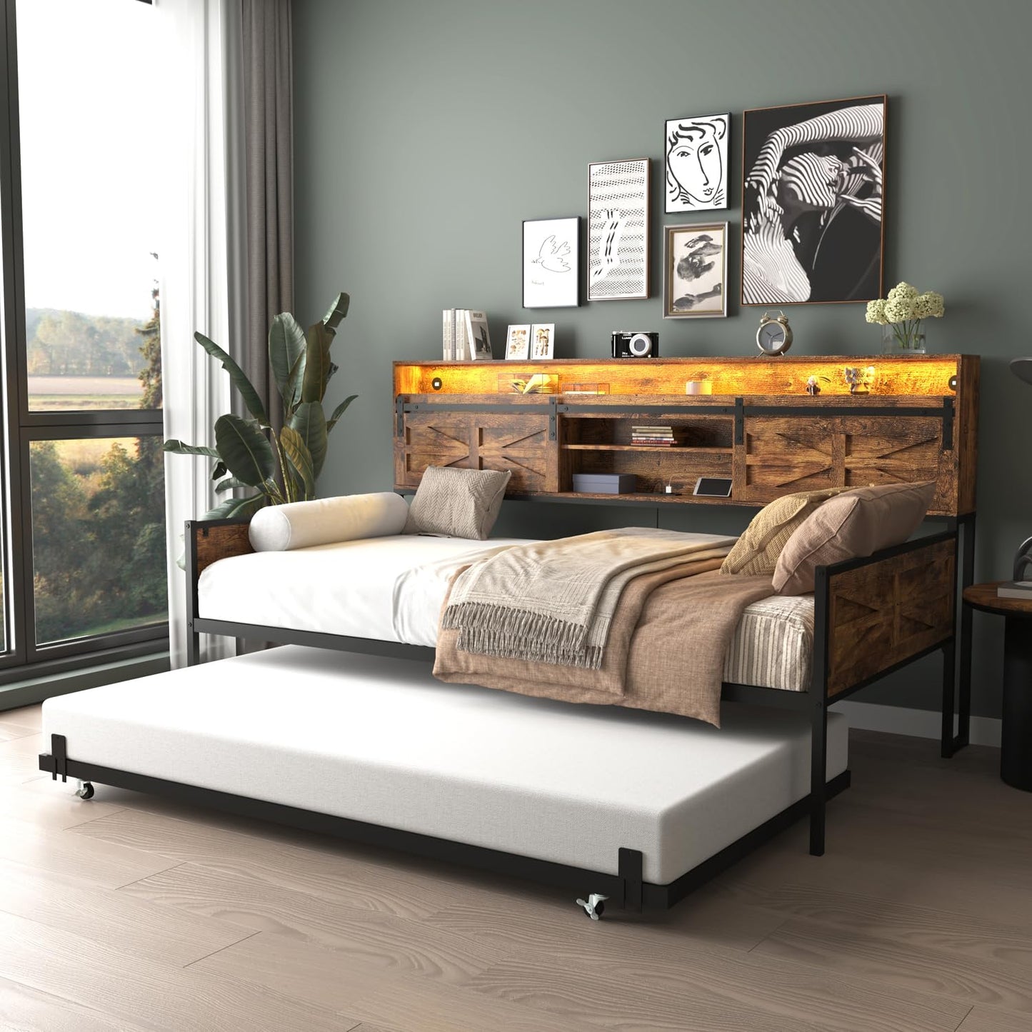 Daybed with Trundle and LED Lights, Metal Twin Bed Frame with Sliding Barn Door Headboard & Charging Station, Day Bed Pop Up Trundle Bed for Living Room Bedroom Guest Room (Black+Brown, Twin)