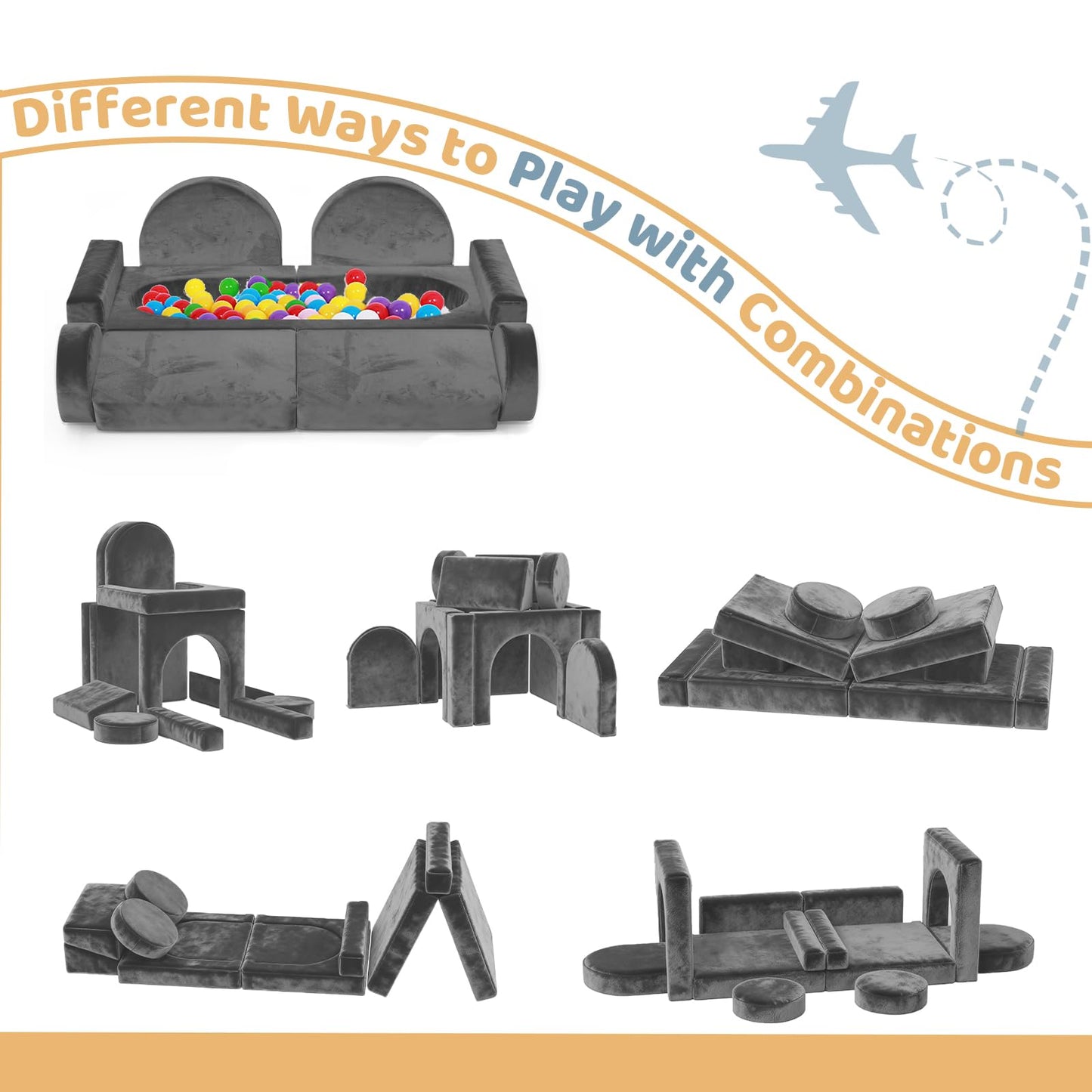 Decmuerx 12pcs Modular Kids Play Couch - CPC Certified Convertible Toddler Sectional Sofa, Washable Durable Foam Floor Cushion for Kids Playroom (Play Fort/Castle)