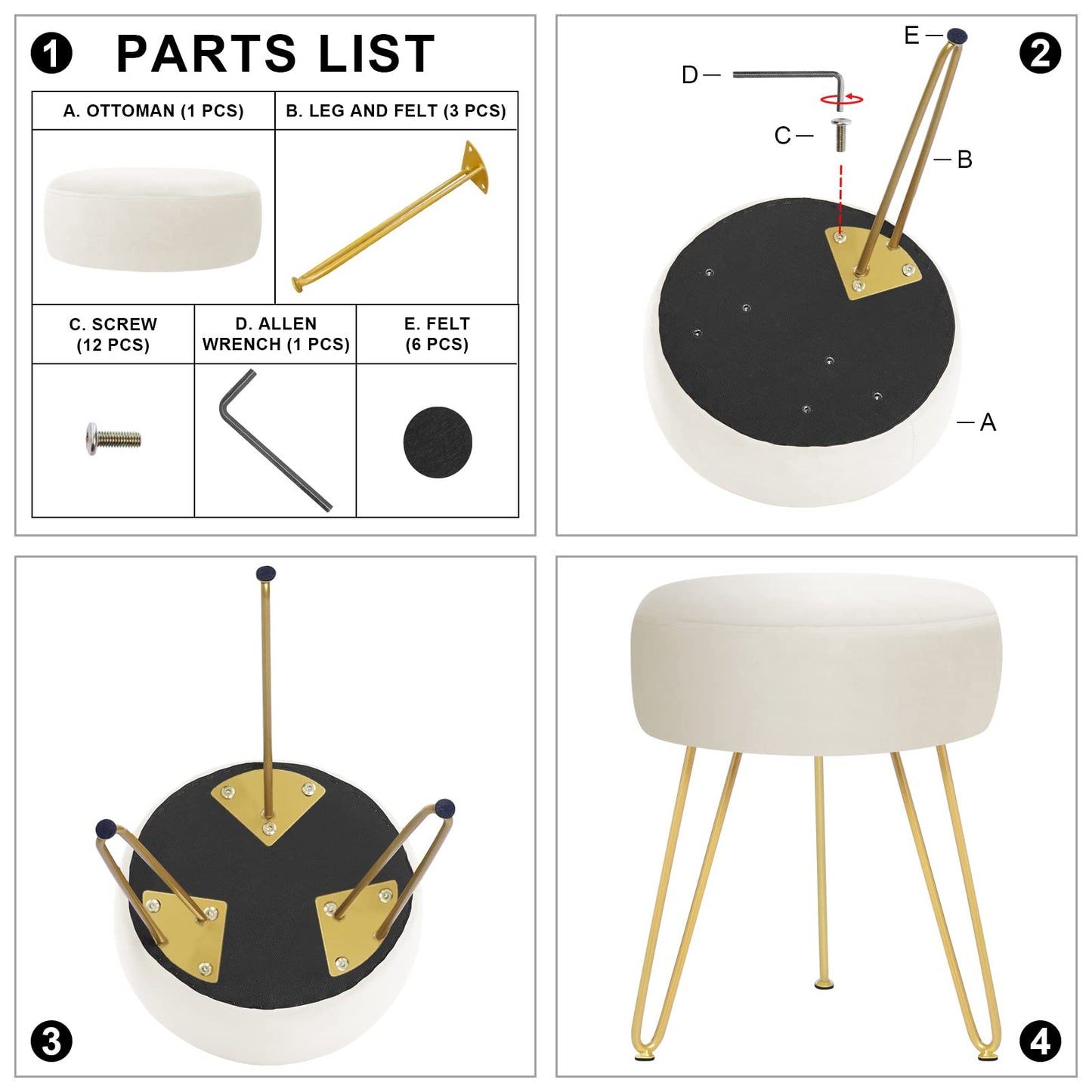 YOONIC Velvet Soft Modern Vanity Footstool -Round Footrest Stool Ottoman Side Table Seat Dressing with Golden Metal Leg and Sponge Filling,Upholstered Foot Rest,Living Room and Bedroom （Beige）
