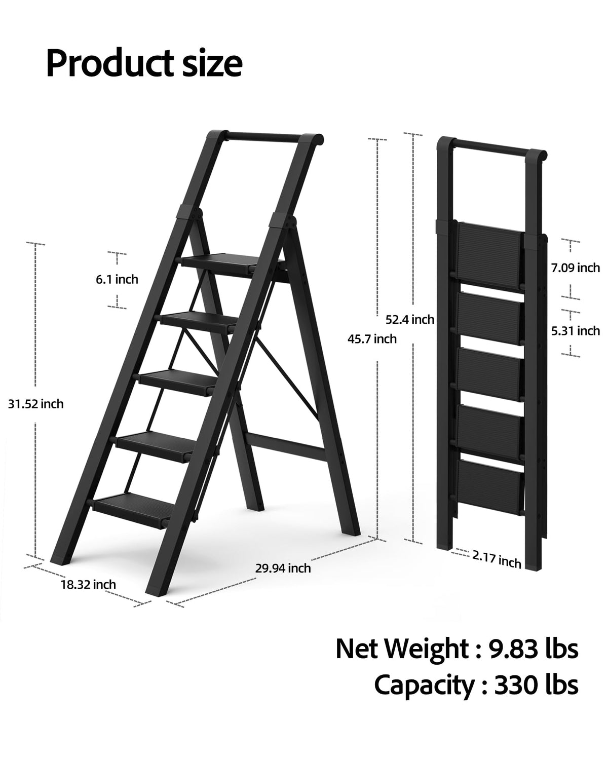 BEFITMACE 5 Step Ladder, Lightweight Folding Step Stool withConvenient Handgrip,Aluminum 330lbs Capacity Step Ladderfor Office,Household,Kitchen(Black)