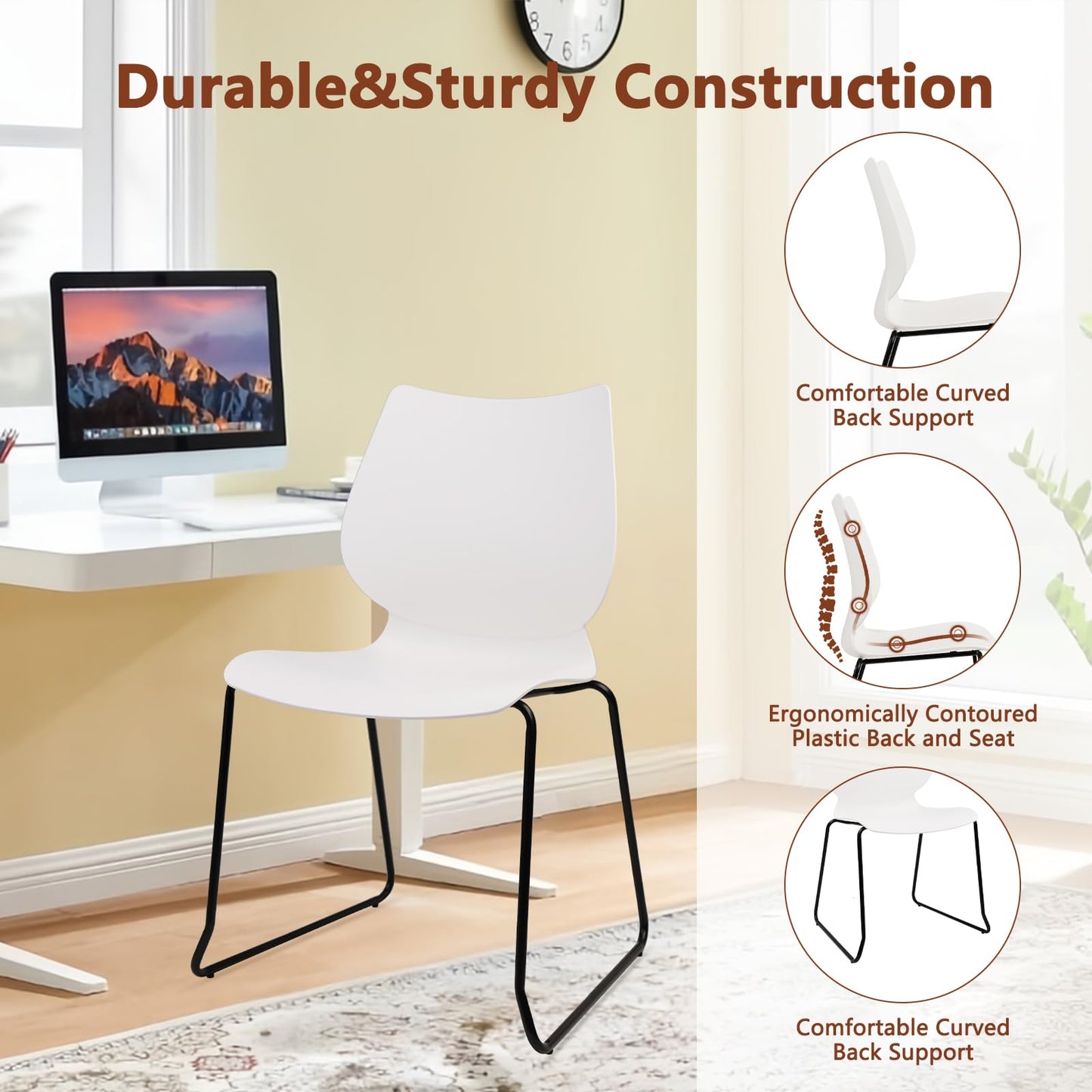 KLASIKA Stackable Waiting Room Chair, Stacking Office Chair with Ergonomic Lumbar Support and Metal Legs, Plastic Desk Chairs for Conference School Church Guest Reception Set of 4, White