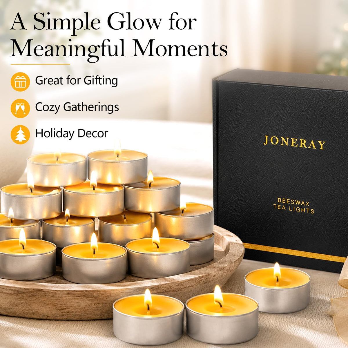 48 Pack Natural Beeswax Tealight Candles 4-5 Hour Long Burning Time
