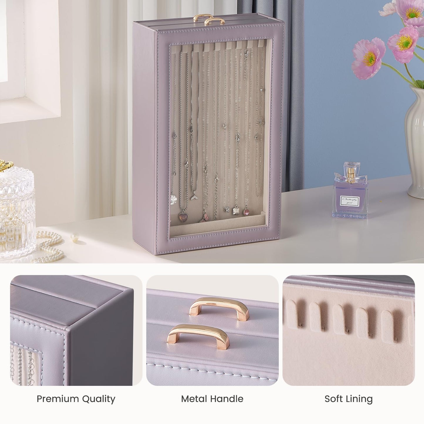 Lolalet Necklace Organizer Box, Jewelry Storage Box with Clear Window for Necklaces Bracelets, Tangle-Free Necklace Display Case for Women Girls, Dusty Purple, 2 Layers 20 Hooks