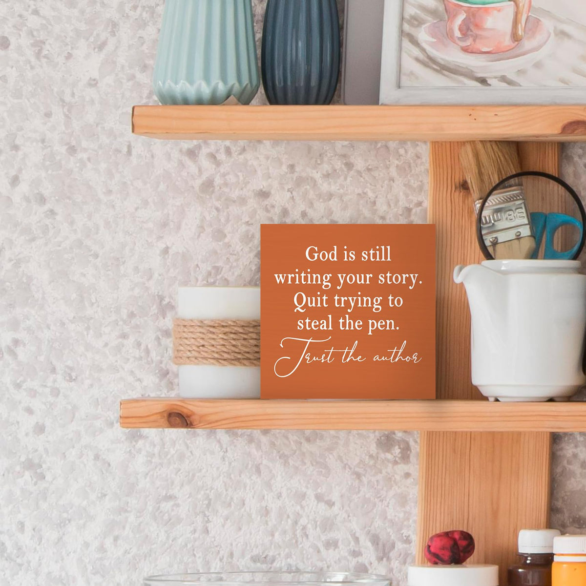 Luipk God Is Still Writing Your Story Orange Wood Box Sign Desk Decor 5X5, Christian Scripture Bible Verse Prayer Room Block Sign Decorations for Home Office Wall Tabletop Shelf Decor