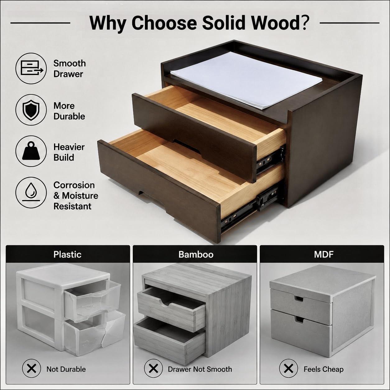 Gphudpzdl Solid Wood Desk Organizer with Drawers, Wooden Desk Storage Organizer with Smooth Slides, Filing A4 Paper File Organizer for Home Office, Bedroom & Makeup, Fully Assembled, Walnut Finish