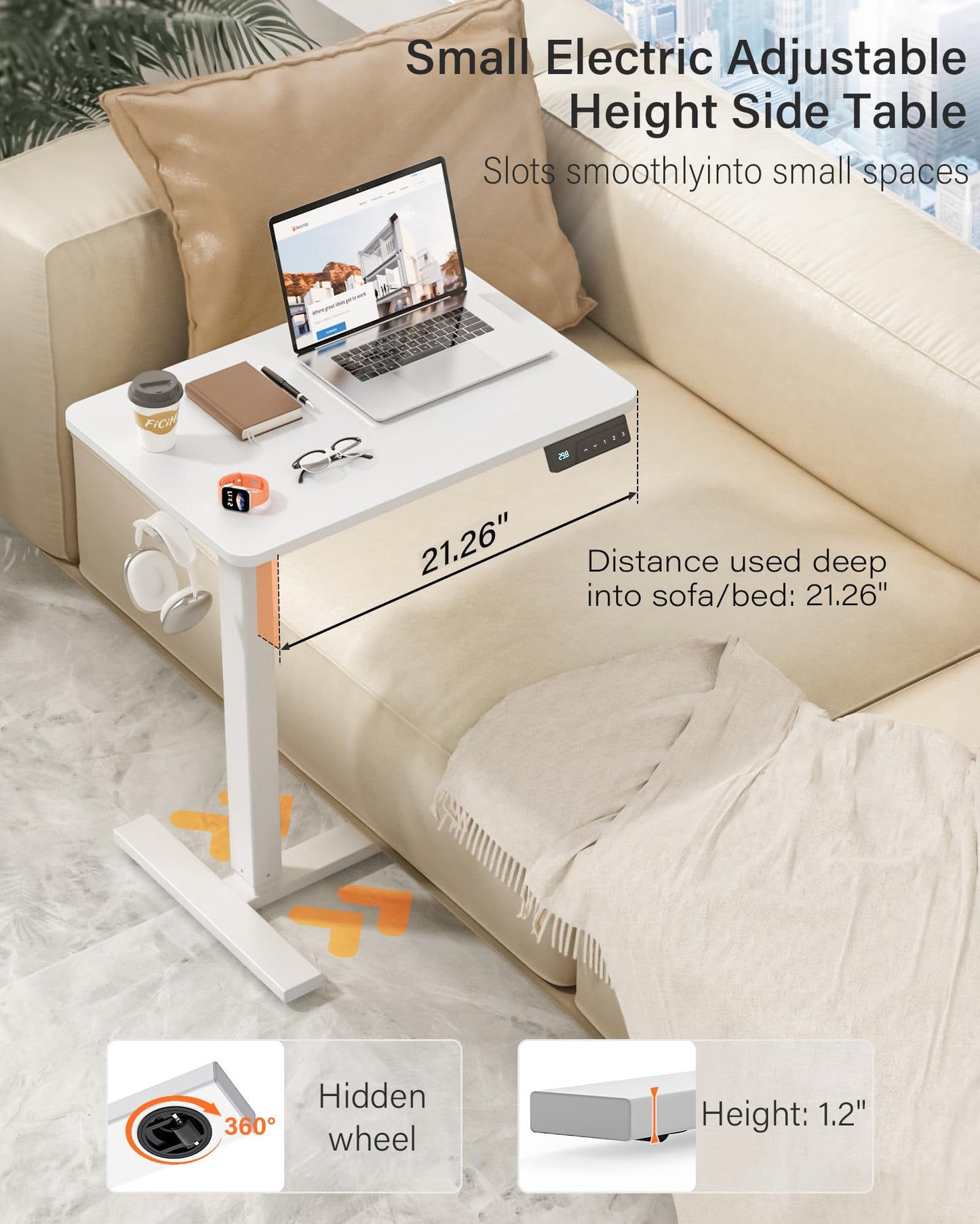FiCiHi Electric Standing Desk with Wheels – Adjustable Height Mobile Sit-Stand Laptop Table, Portable Rolling Small Computer Workstation for Home Office & Bedside Use (28"x16", White)