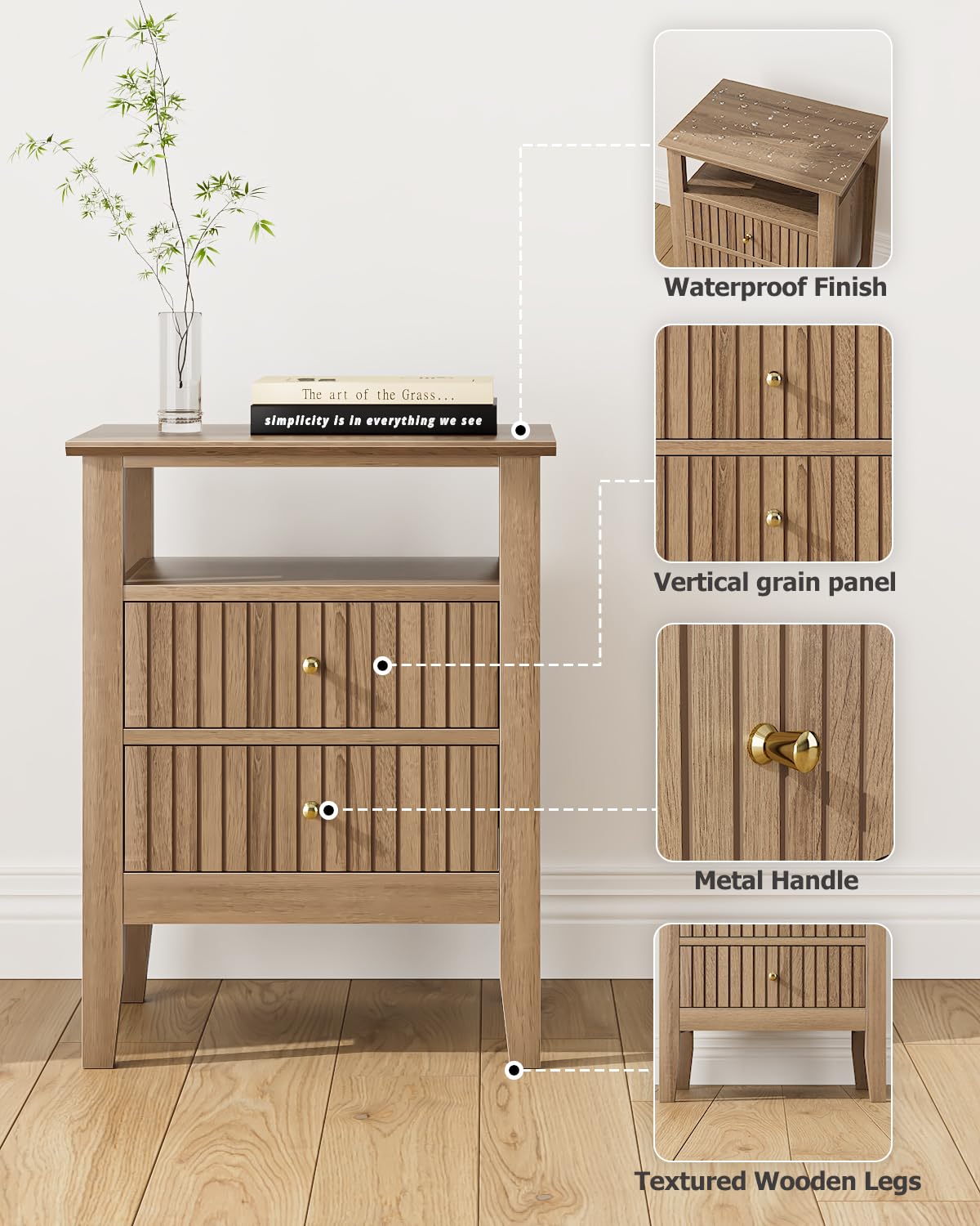 Apetaccat Fluted Nightstand, Farmhouse Night Stand with 2 Drawers, Mid Century Modern Side Accent Table,Bedside End Table for Bedroom, Living Room, Natural