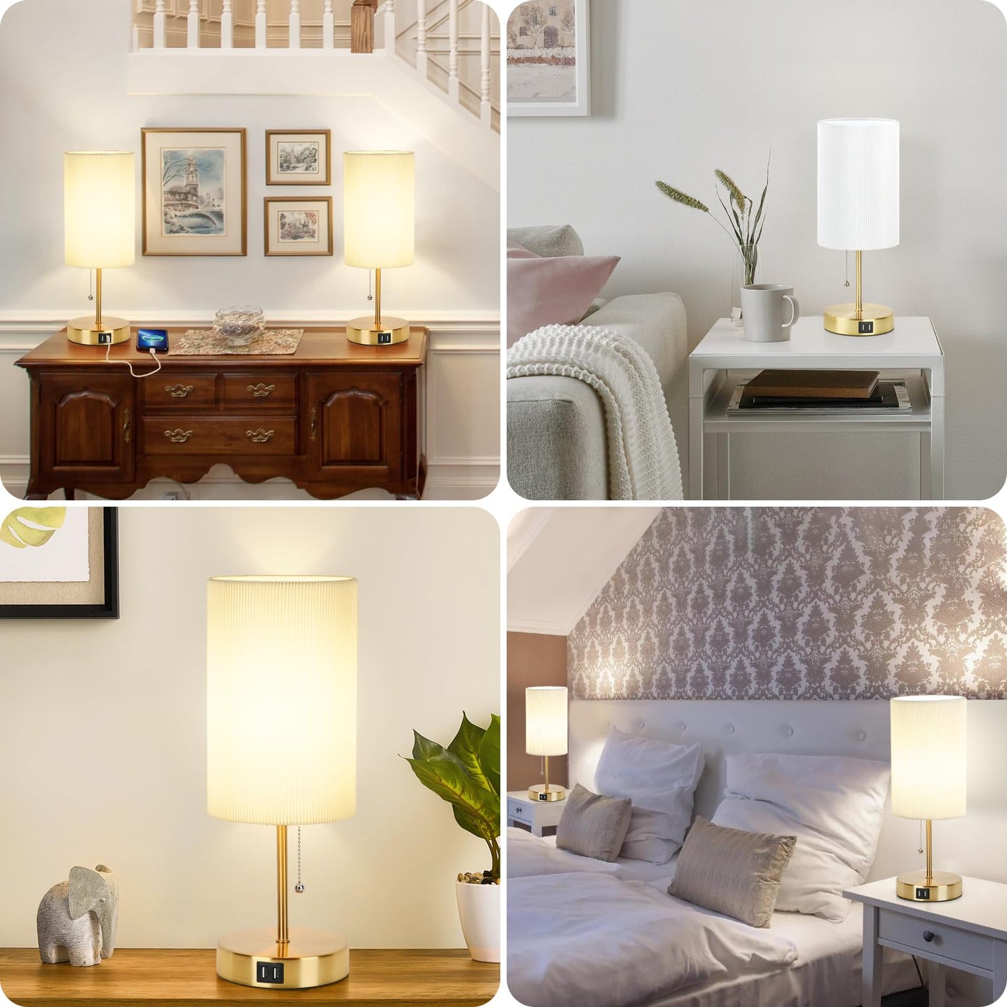 Lakumu 2 Sets Table Lamps with 2 USB, Minimalist Beside Lamps for Bedroom, Nightstand Lamp with Pull Chain, Desk Lamps with White Pleated Shade and Gold Metal Base for Living Room Dorm Reading Hotel
