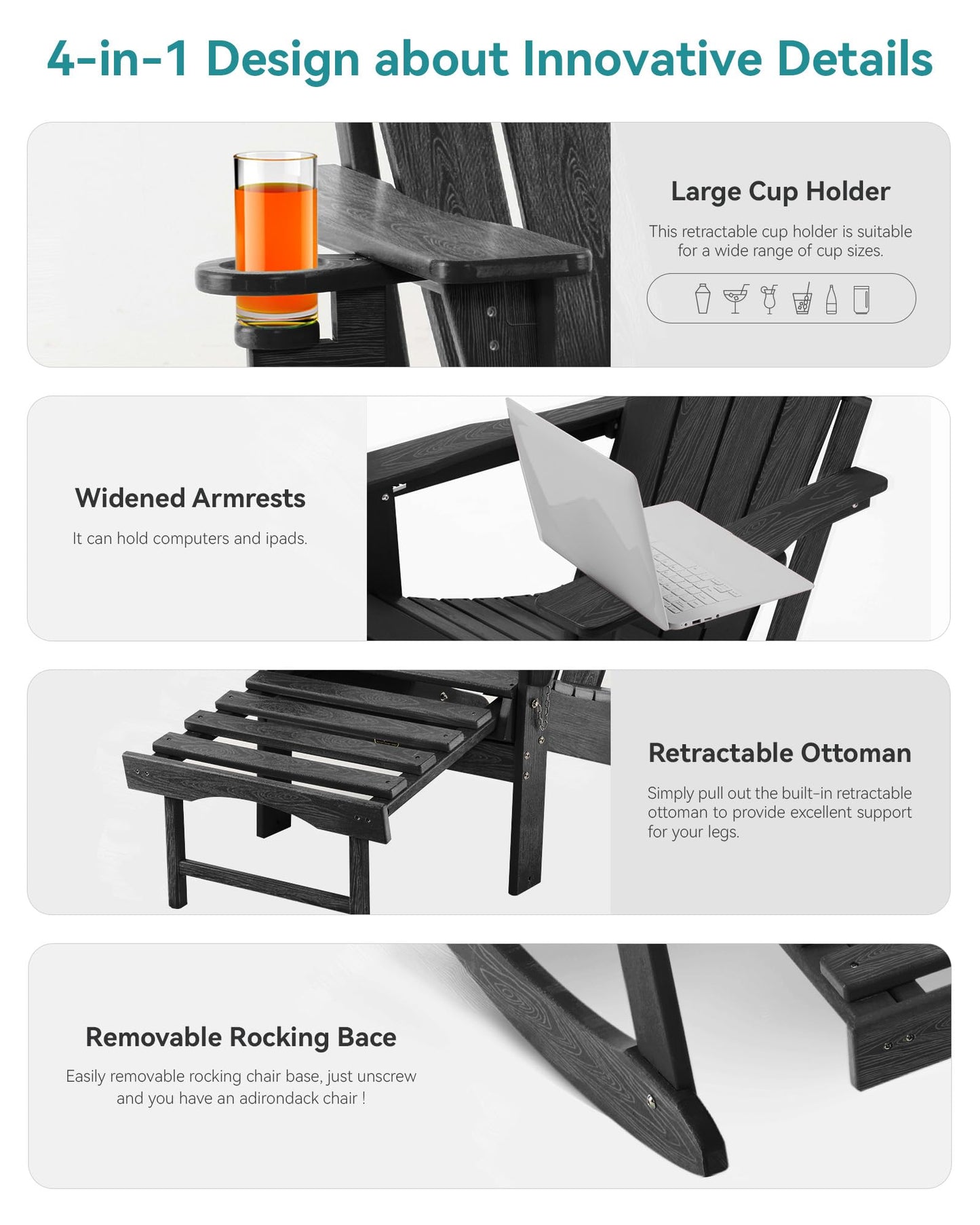 Serique Adjustable Adirondack Rocking Chair with Retractable Ottoman, 4-in-1 Multifunctional Folding Patio Chair with Cup Holder, Outdoor Chair Wood Texture for Lawn, Porch, Backyard, Pool(Black)