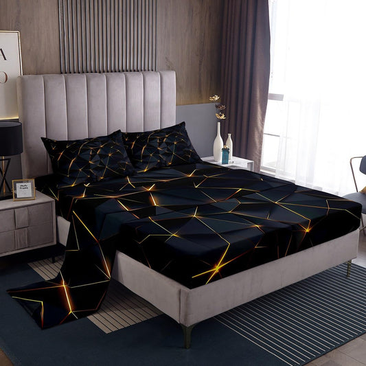 Feelyou Honeycomb Sheet Set Twin Size,Geometric Stereoscopic Theme Teens Boys Bedding Set,Adults Bedroom Decoration 3D Black Gold Print Fitted Sheet All Season