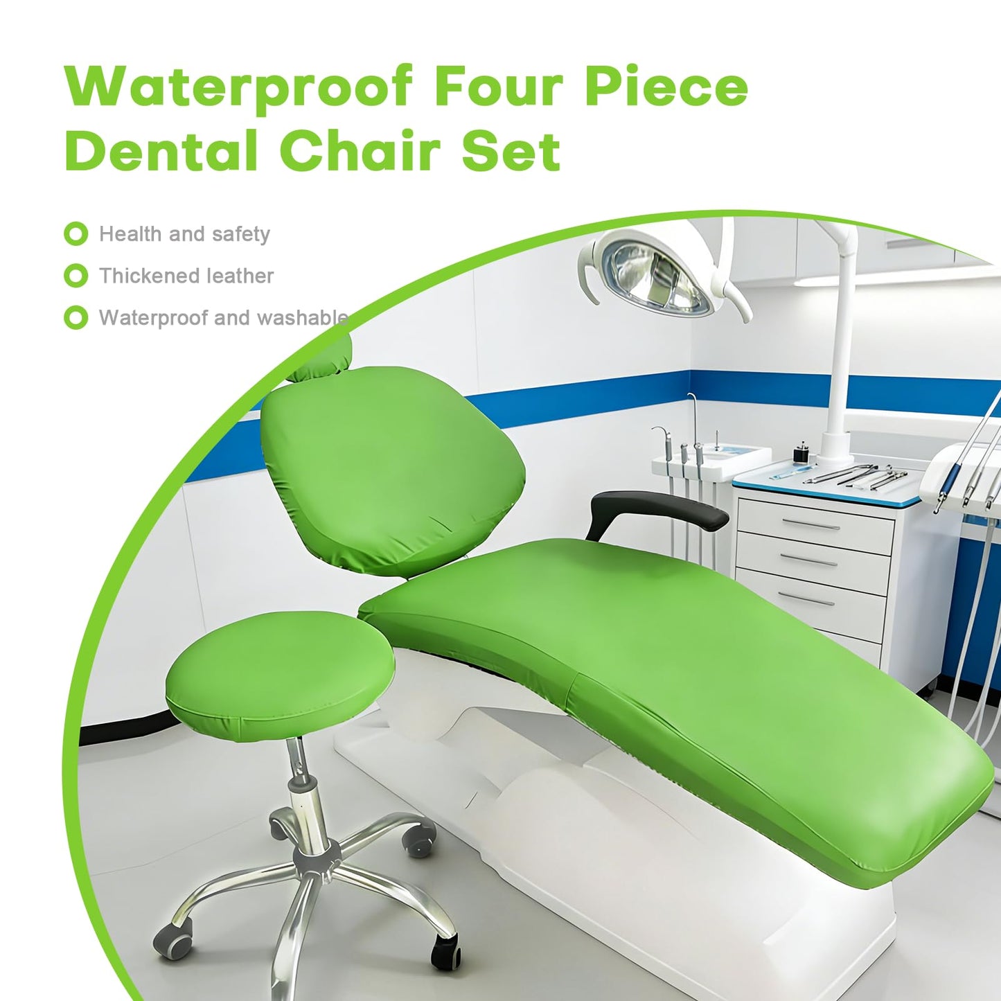 buyzg 5Pcs Dental Chair Covers Set - Waterproof & Non-Slip PU Leather Elastic Full Covers with Foot, Seat, Headrest & Backrest Protectors for Dental Clinic Chairs(Green)