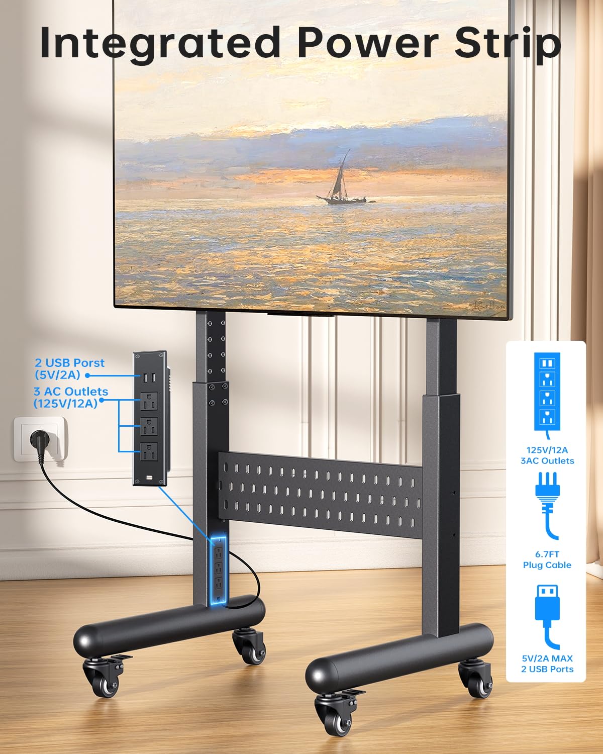 Afaloona Commercial Rolling TV Stand with Power Outlet, Mobile TV Cart with Lockable Wheels for 32-65 Inch TVs up to 176 lbs, Height Adjustable with Pegboard Storage, Max VESA 600x400mm