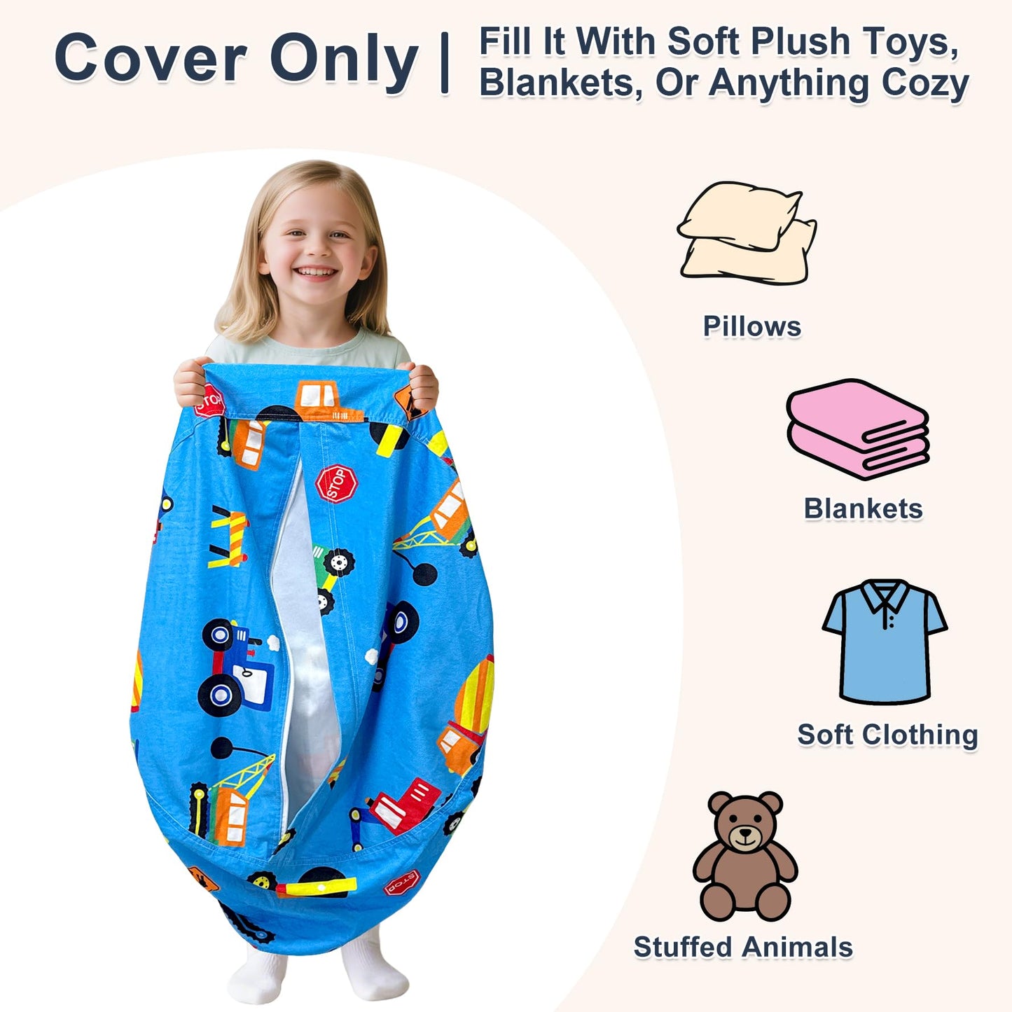 Lukeight Construction Stuffed Animals Storage Bean Bag Chair Cover for Kids, Cozy Velvet Plush Toy Organizer Seat, Cover Only, No Filling Included, Long YKK Zipper, Side Pocket, Large 27 x 16 in
