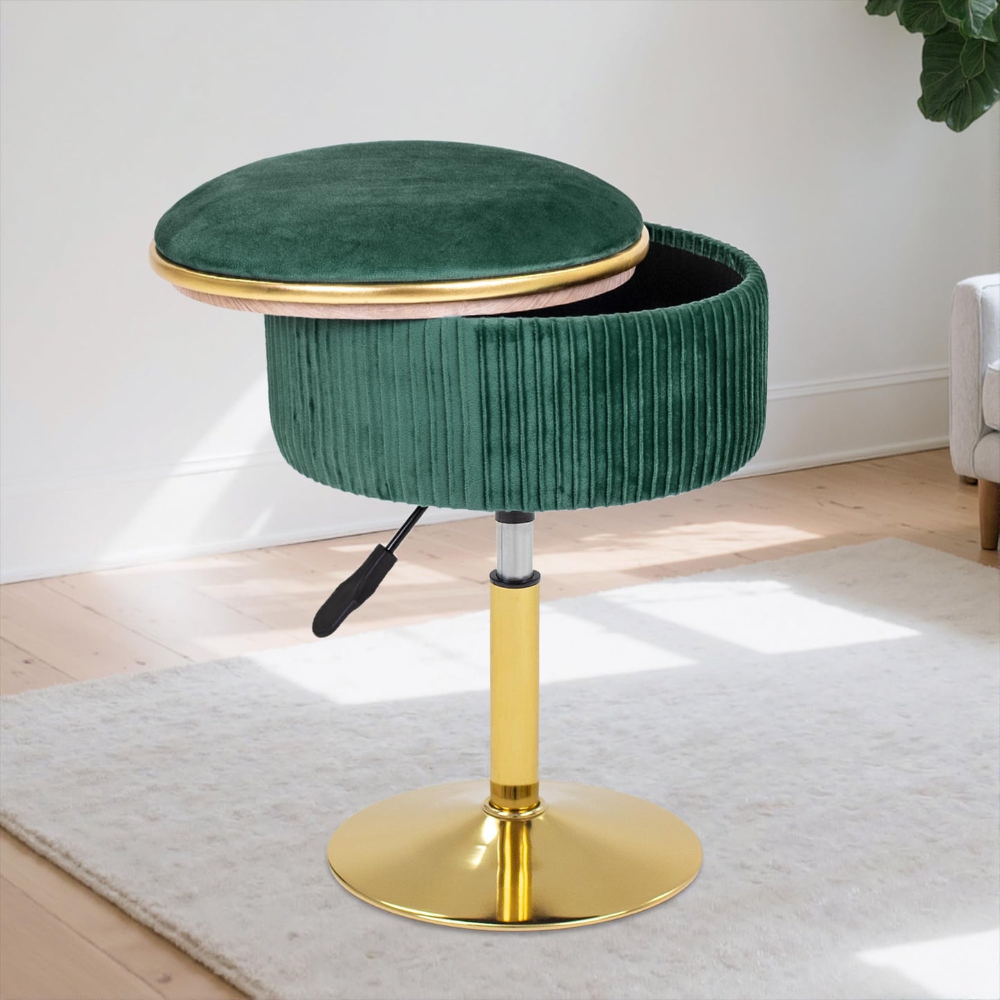 MRITWAII Adjustable Vanity Stool with Storage, 360° Swivel Makeup Stool Chair Small Velvet Round Ottoman with Gold Base for Bedroom, Green