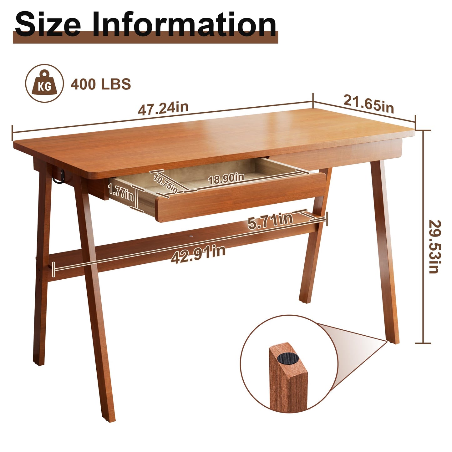 100% Solid Wood Writing Desk - 47.2" Mid Century Modern Desk, Home Office Desks with 2 Drawers and Storage Shelf, Small Computer Desks, Study Makeup Workstation for Bedroom/Living Room, Walnut