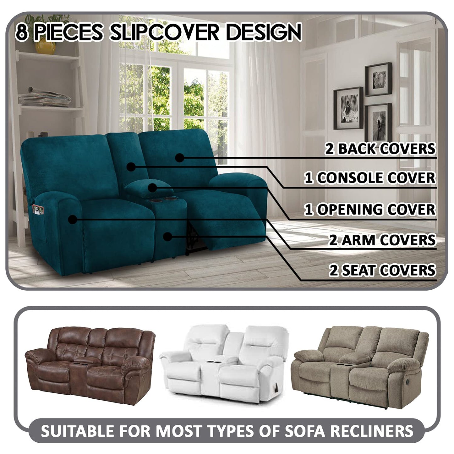 Ultimate Decor Reclining Love Seat with Middle Console Slipcover, 8-Piece Velvet Stretch Loveseat Reclining Sofa Covers, 2 seat Love seat Recliner Cover, Thick, Soft, Washable, (Deep Teal)