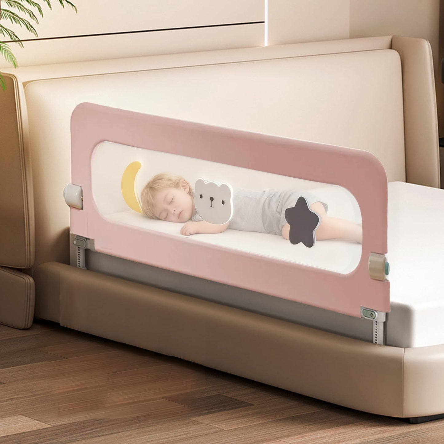 HIQNWTO Bed Rail for Toddlers, Foldable Baby Bed Rail Guard, Adjustable, Safety, Convenient, Guard Rails with Twin, Full, Queen& King Size (Pink Cartoon, 1 Side:71inch)