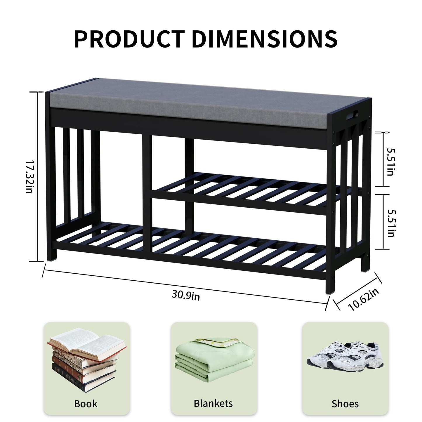 bambooflow Shoe Rack Bench with Cushion,2 Tiers Shoe Bench with Flip-Top Storage,Wood Shoe Rack for Entryway, Hallway, Bedroom, Front Door Entrance (Black)