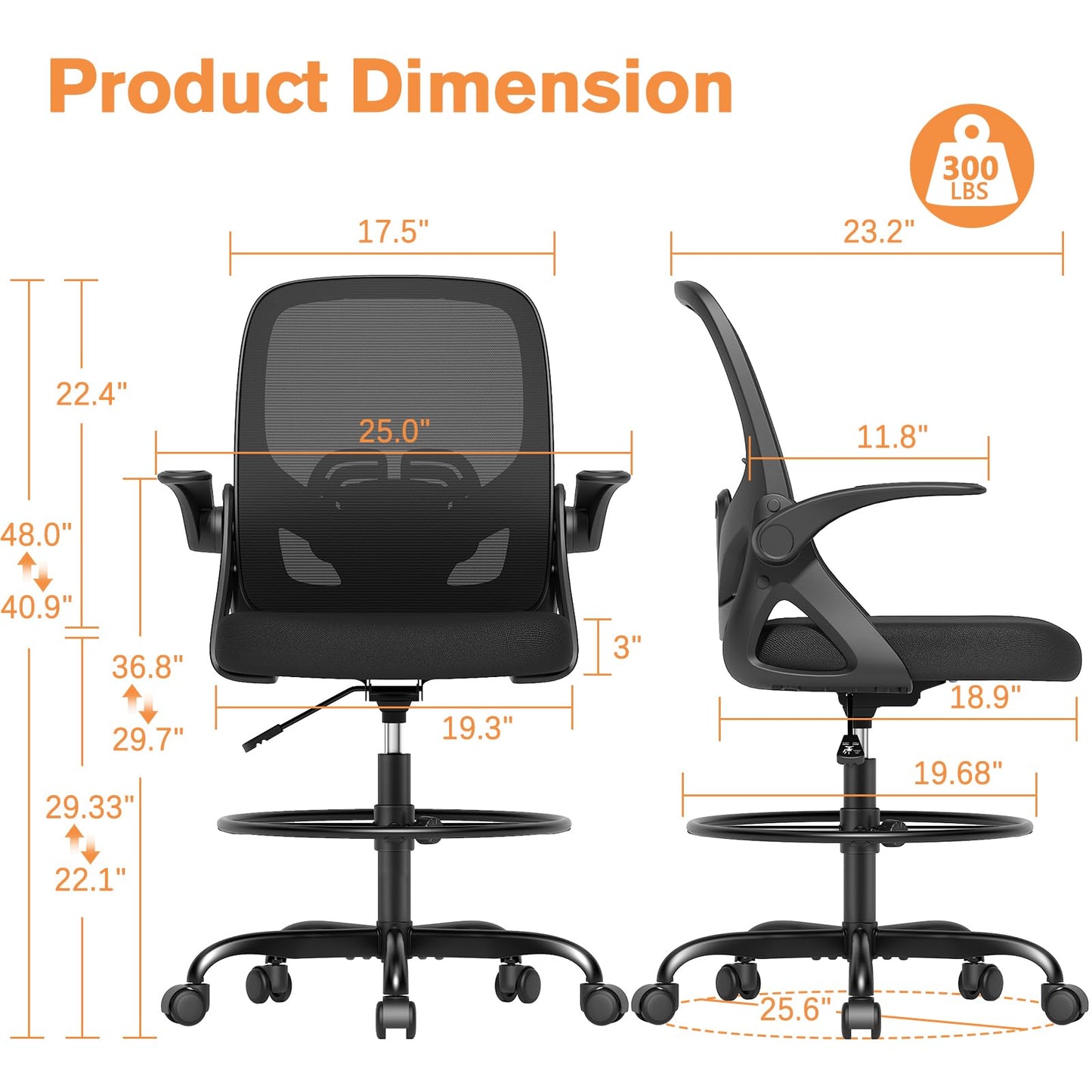 ORRSAKER Drafting Chair, Tall Office Chair with Flip-up Arms, Mesh Ergonomic Computer Standing Desk Chair with Adjustable Height Foot Ring and Lumbar Support, 300 LBS Capacity, Black