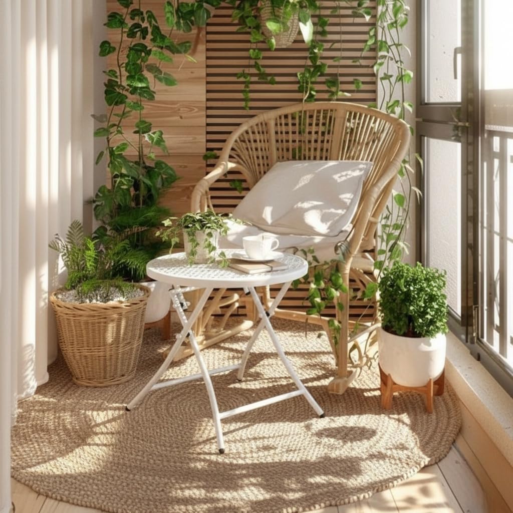 TeoKJ Folding Outdoor Side Tables, Anti Rust Small Patio Table Round Metal Nightstand with Flower Cutouts for Porch Yard Balcony Deck Lawn, White