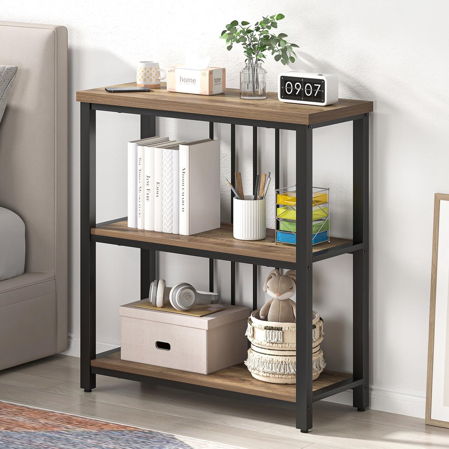 FOLUBAN Small Bookshelf and Bookcase, 3 Tier Open Book Shelf, Modern Metal and Wood Shelving Unit for Living Room Bedroom, Oak