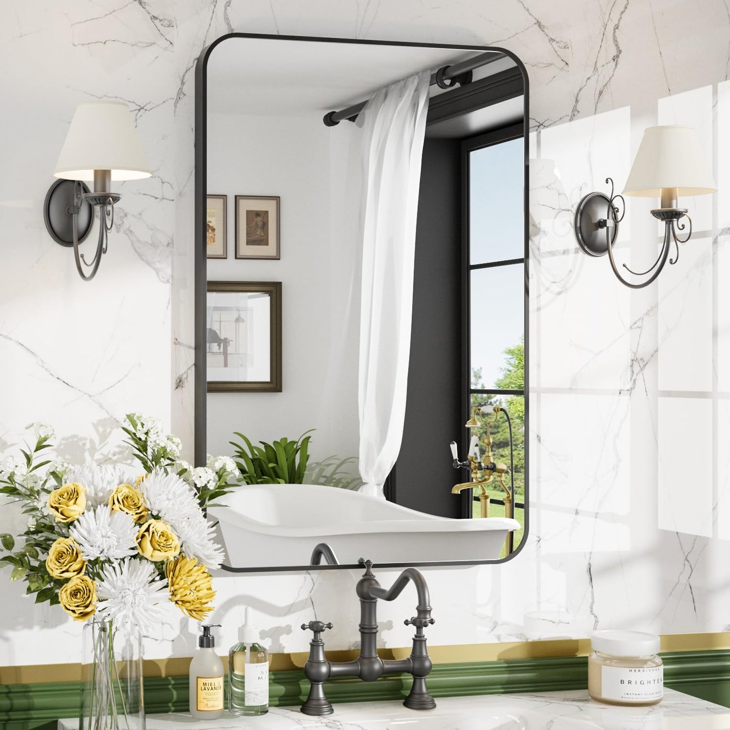 Umzodo 16x24 Inch Black Rounded Rectangle Vanity Mirror with HD Reflection, Shatter-Resistant Tempered Glass Bathroom Mirror for Over Sink, Aluminum Frame, Horizontal or Vertical