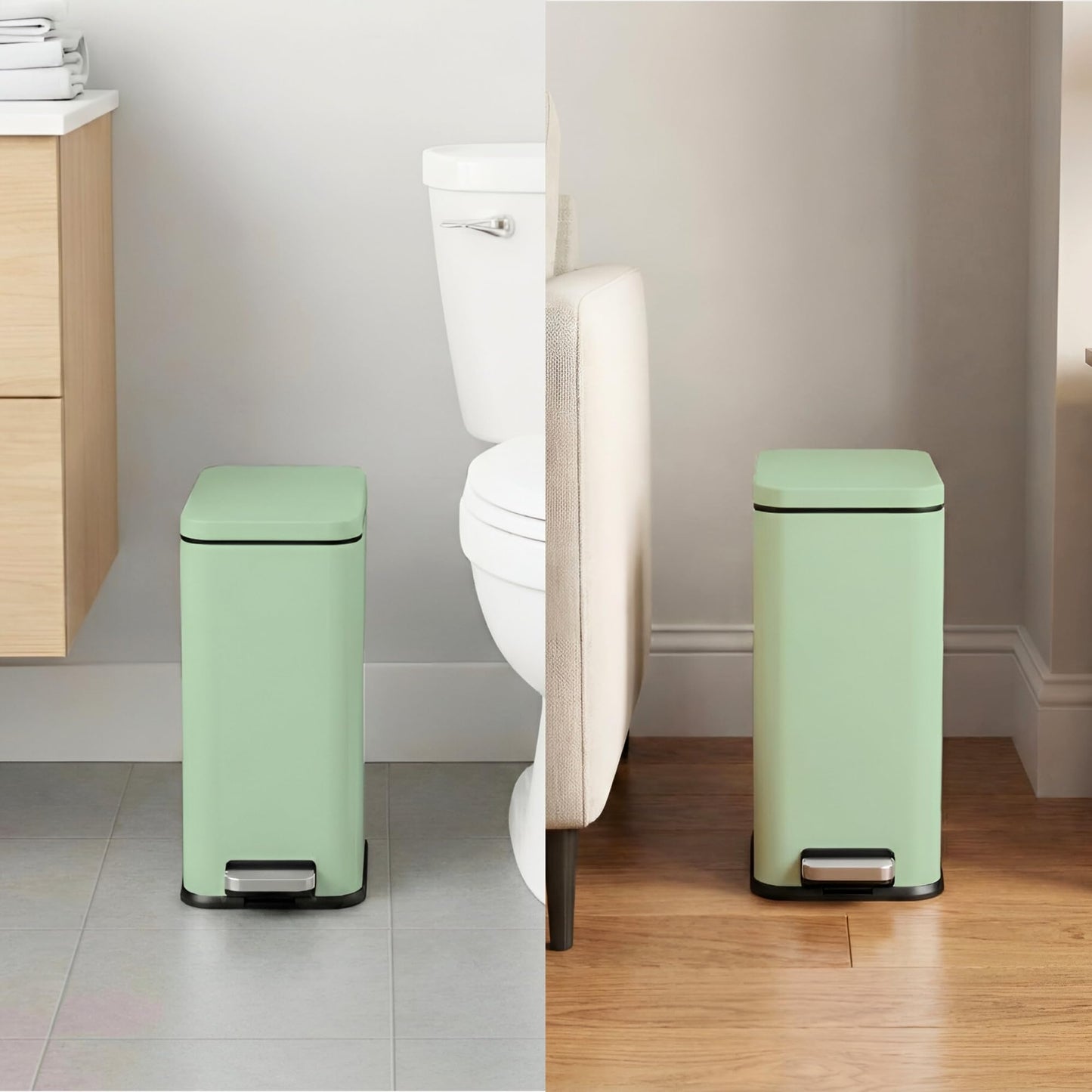 iTouchless 3 Gallon Small Wastebasket for Bathroom with Lid, Deodorizer, Soft-Step Stainless Steel Slim Garbage Bin, 12 L Pastel Green Small Trash Can, Step Pedal Retro Soft-Toned Decor for Restroom