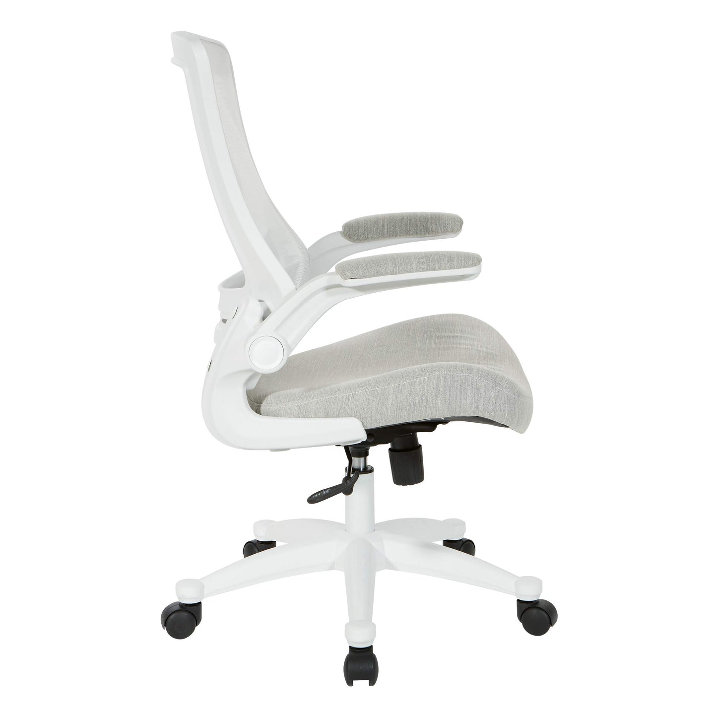 Office Star Ventilated White Screen Back Manager's Office Chair with Padded Color Flip Arms with White Nylon Base, Linen Stone Fabric