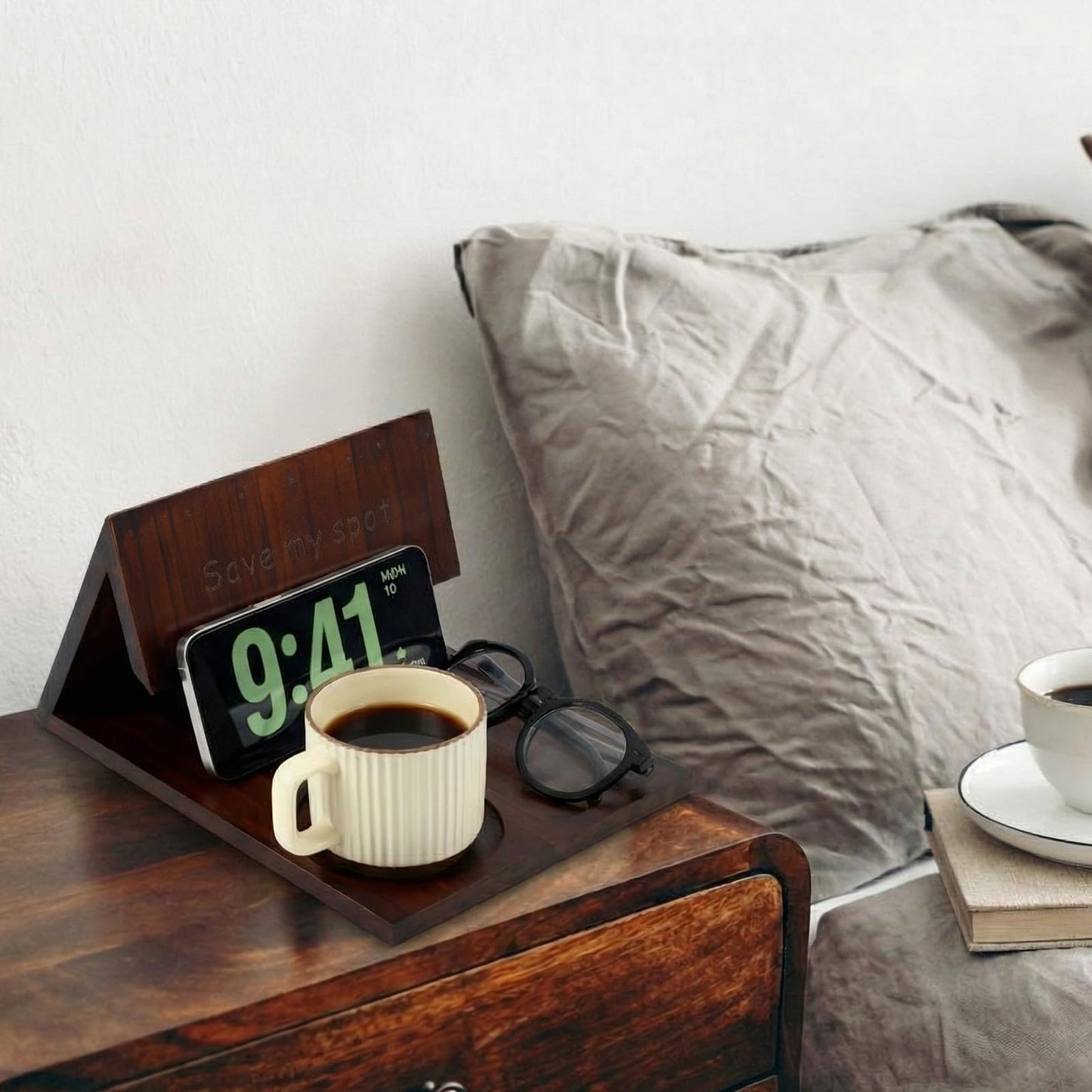 Triangle Book Holder Triangle Wooden Bookholder with Cup Stand Phone Glasses Holder Reading Valet Bookholder for Bedroom, Nightstand or Office Desk, Back to School Gift for Teacher, Book Lover