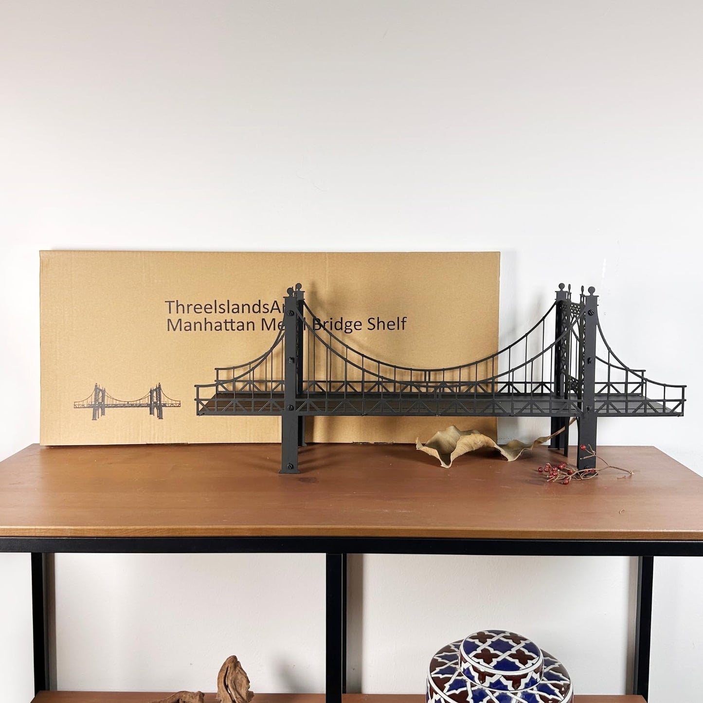Suspension Bridge Wall Mounted Bookshelf, Black Metal Bridge Design, 26.38 x 10.28 x 5.51 inches