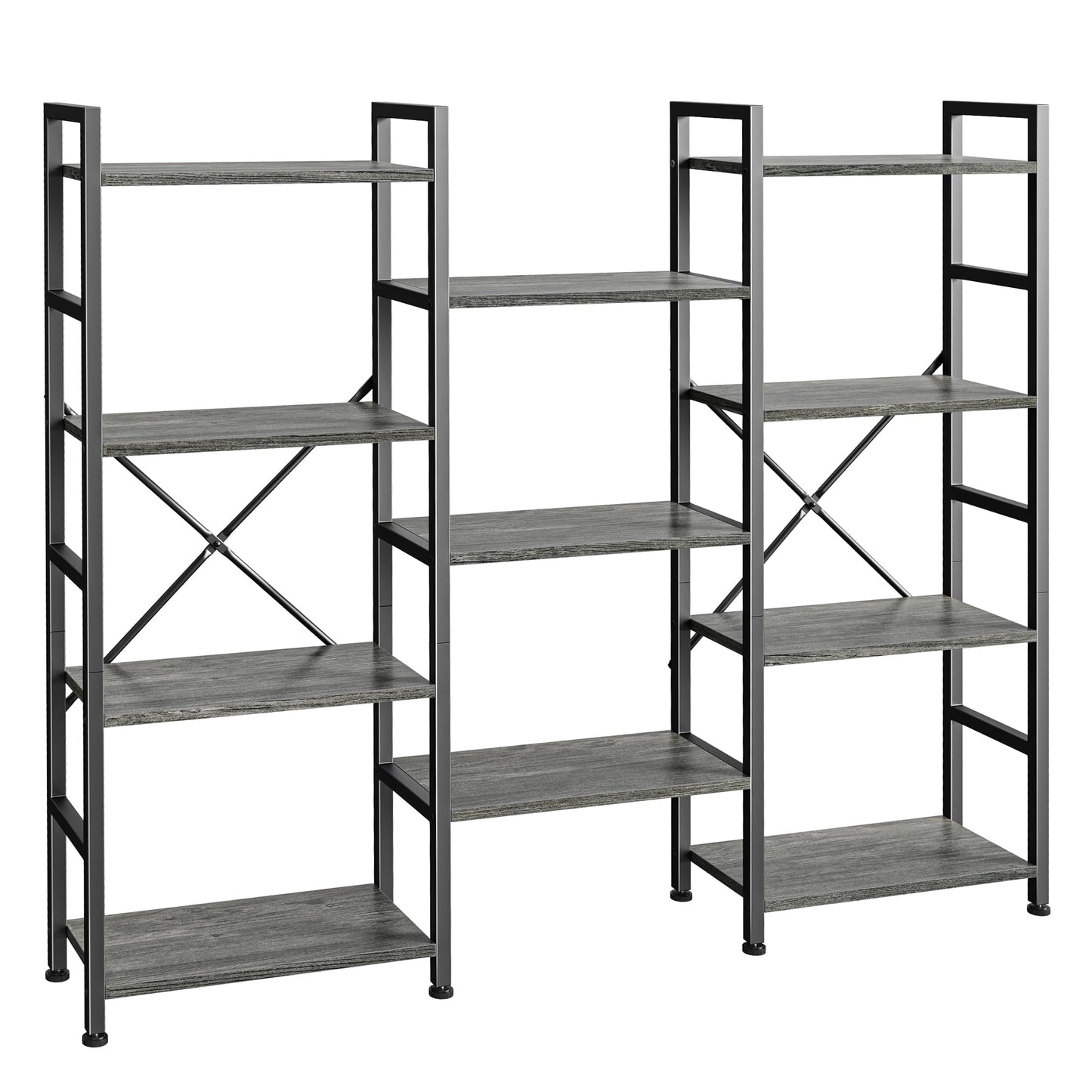 SUPERJARE Triple Bookshelf, Bookcase with 11 Open Display Shelves, Wide Book Shelf Book Case for Home & Office, 4 Tier, Grey