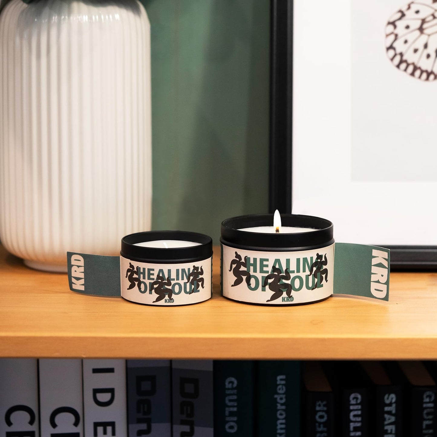 KRD Teakwood Tobacco Candle for Men, 6.4oz Smokey Masculine Scent, 42H Long Burn, Strong Coconut Soy Wax for Study