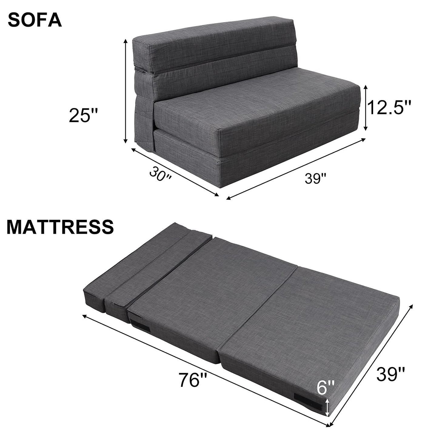 ANONER Folding Sleeper Chair Sofa Bed with Pillow, Memory Foam Fold Out Chair Bed and Futon Floor Couch, Twin Size, Dark Gray