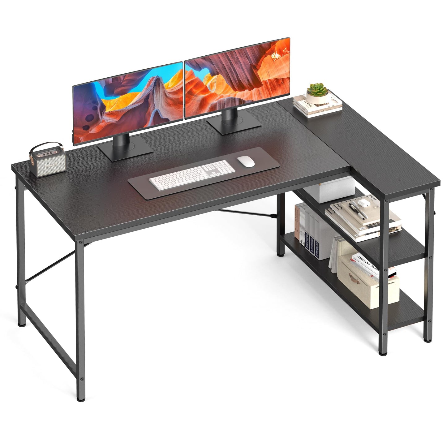 DUMOS L Shaped Desk 47 Inch Computer Corner Gaming Desks for Home Office PC Table with Reversible Storage Shelves for Writing Working Study Bedroom Dorm Modern Black