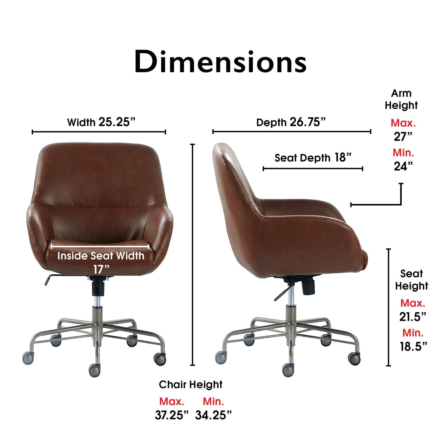 Tommy Hilfiger Forester Luxury Bonded Leather Home Office Chair, Modern Round Swivel Accent Seating with Arms, Adjustable Height and Recline, Cognac Brown