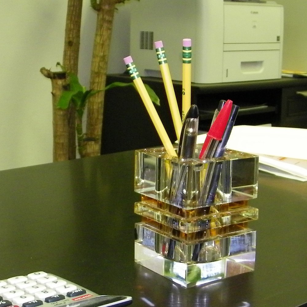 Amlong Crystal Desktop Collection Crystal Pen Holder, Amber