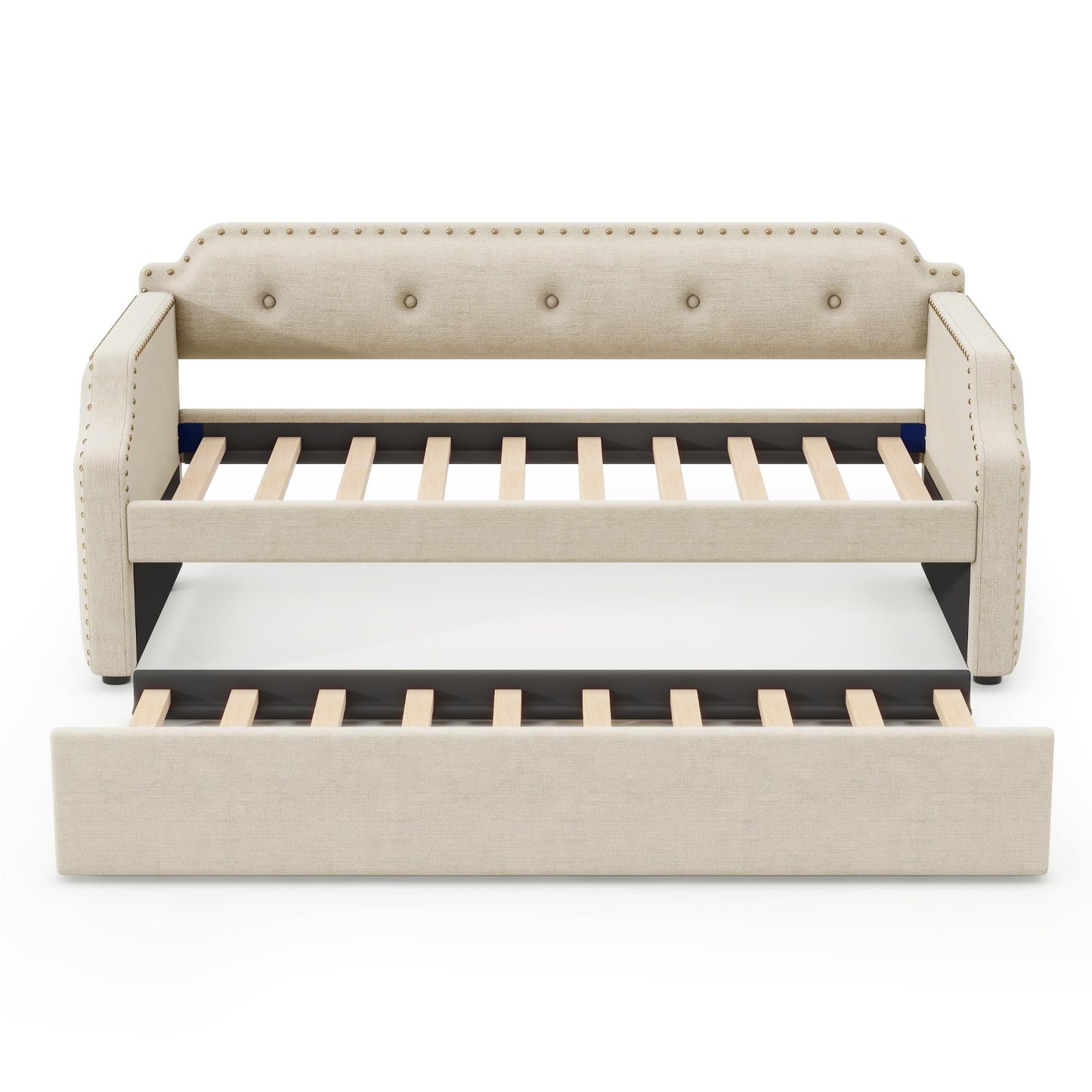 Upholstered Daybed with Trundle, Daybed Couch with Nailhead Decor and Button Tufted Design, Trundle Day Bed with Wood Slat Support, Mid Century Daybed for Living Room, Bedroom, Both Twin Size (Beige)