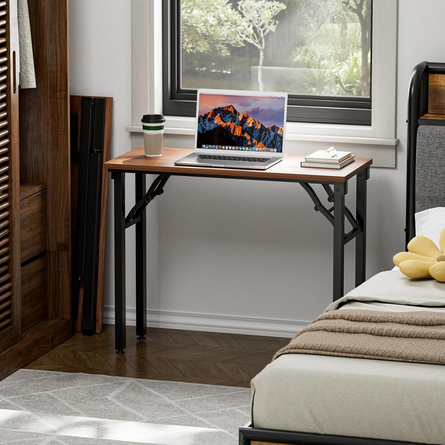 TEMI Small Computer Desk Folding Table - 35.8" Foldable Office Desk, No Assembly, Perfect for Small Spaces in Bedroom, Dorm, or Apartment, Portable Mini Desk or Study Table with Compact Design, Walnut