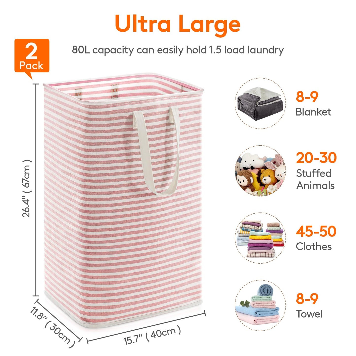 Lifewit 2 Pack Laundry Basket 80L Each, Collapsible Clothes Hamper with Reinforced Handles, Freestanding Waterproof Design for Bedroom and Laundry Room, Pink&Blue 160L Total