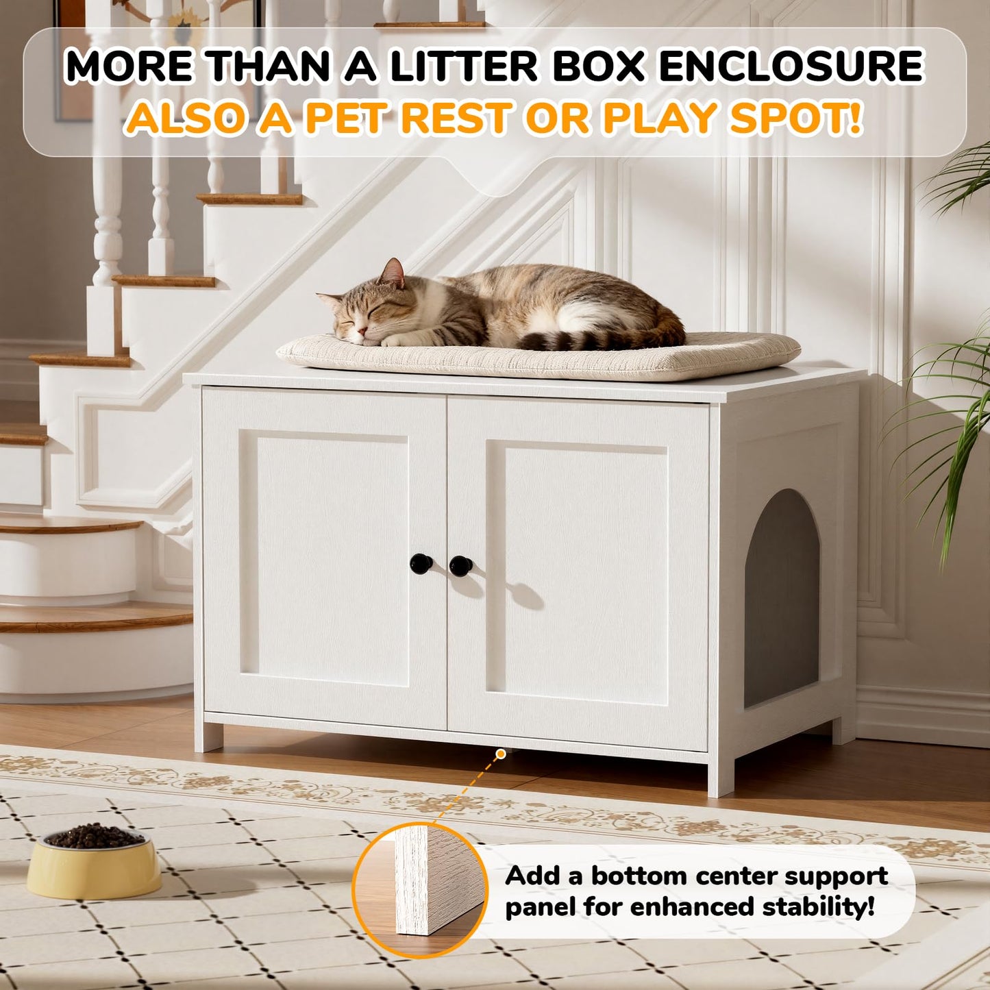 Fecuria Cat Litter Box Enclosure Furniture Dog Proof, Hidden Kitty Washroom Cabinet Low Entry, Wooden Cat Boxes Enclosure Odor Control for Home, Farmhouse Style Decorative TV Stand with Storage, White