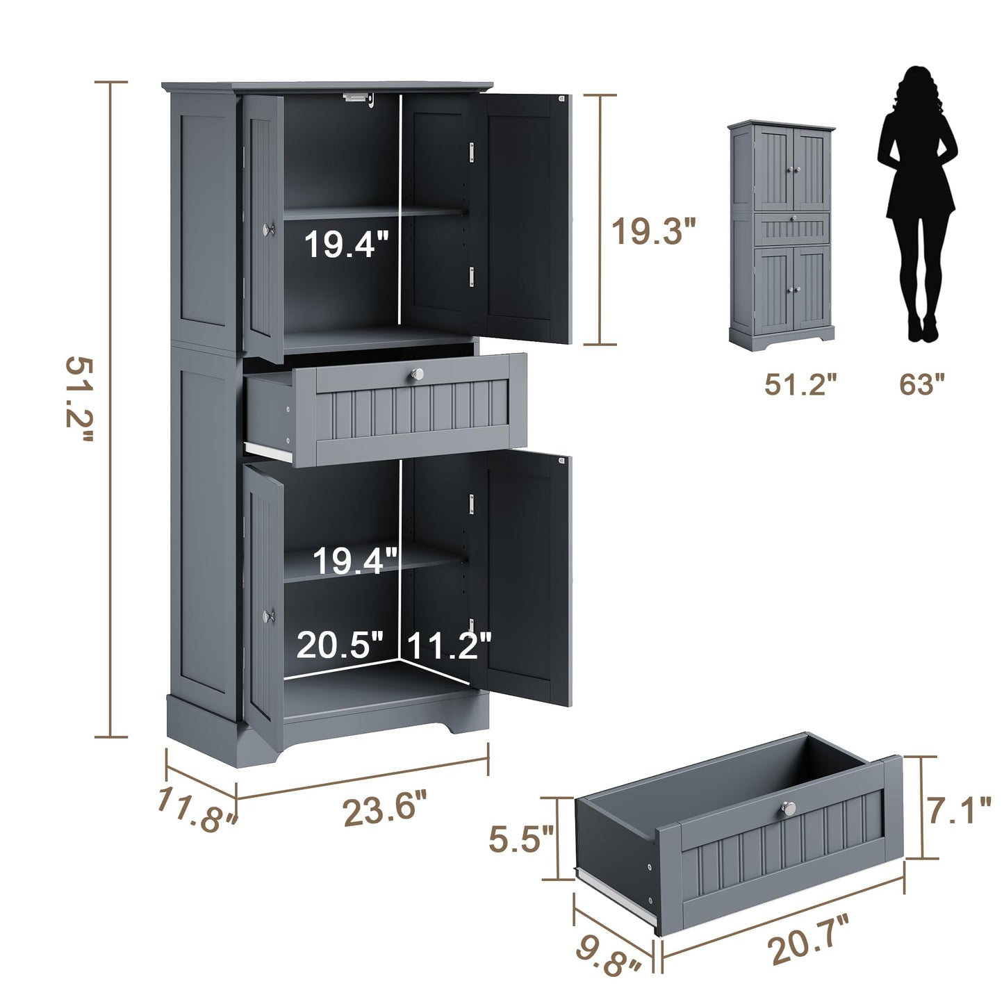 ChooChoo 51" H Tall Bathroom Floor Cabinet, Modern Bathroom Storage Cabinet with Drawer and Adjustable Shelves, Freestanding Kitchen Pantry Cupboard with 4 Doors for Living Room, Grey