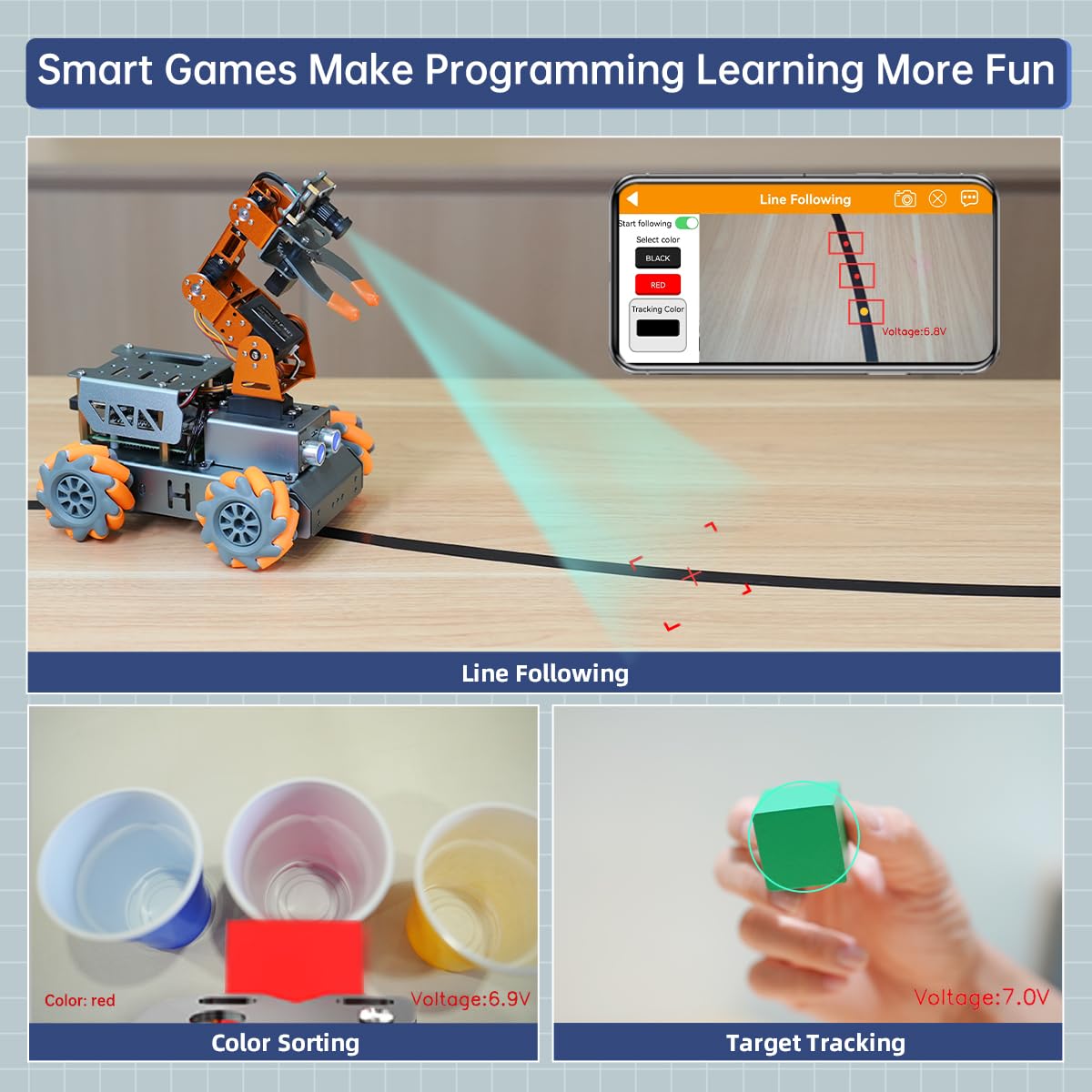 MasterPi 5DOF Robotic Arm for RaspberryPi 5 AI Vision Tracking Target Sorting Line Follow Open Source Programming Smart Robot Car Kit for Teen Adult STEM Educational Building Robot, with RPi 5 8GB