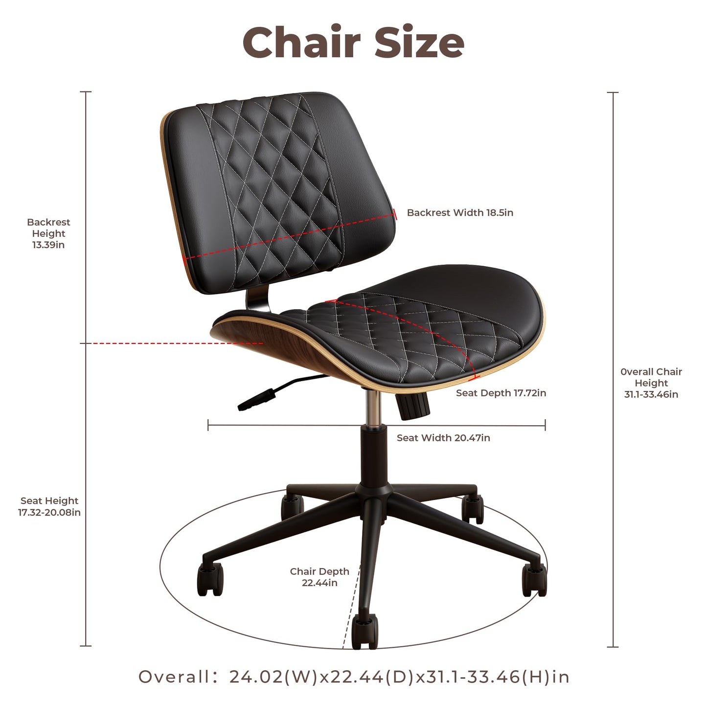 zavxzren Home Office Chair No Arms with Wheels, Armless Adjustable Height Small Desk Chair, Armless PU Leather Computer Chair Mid Back 360 Swivel, Modern Walnut, Reading Meeting Room (Black)