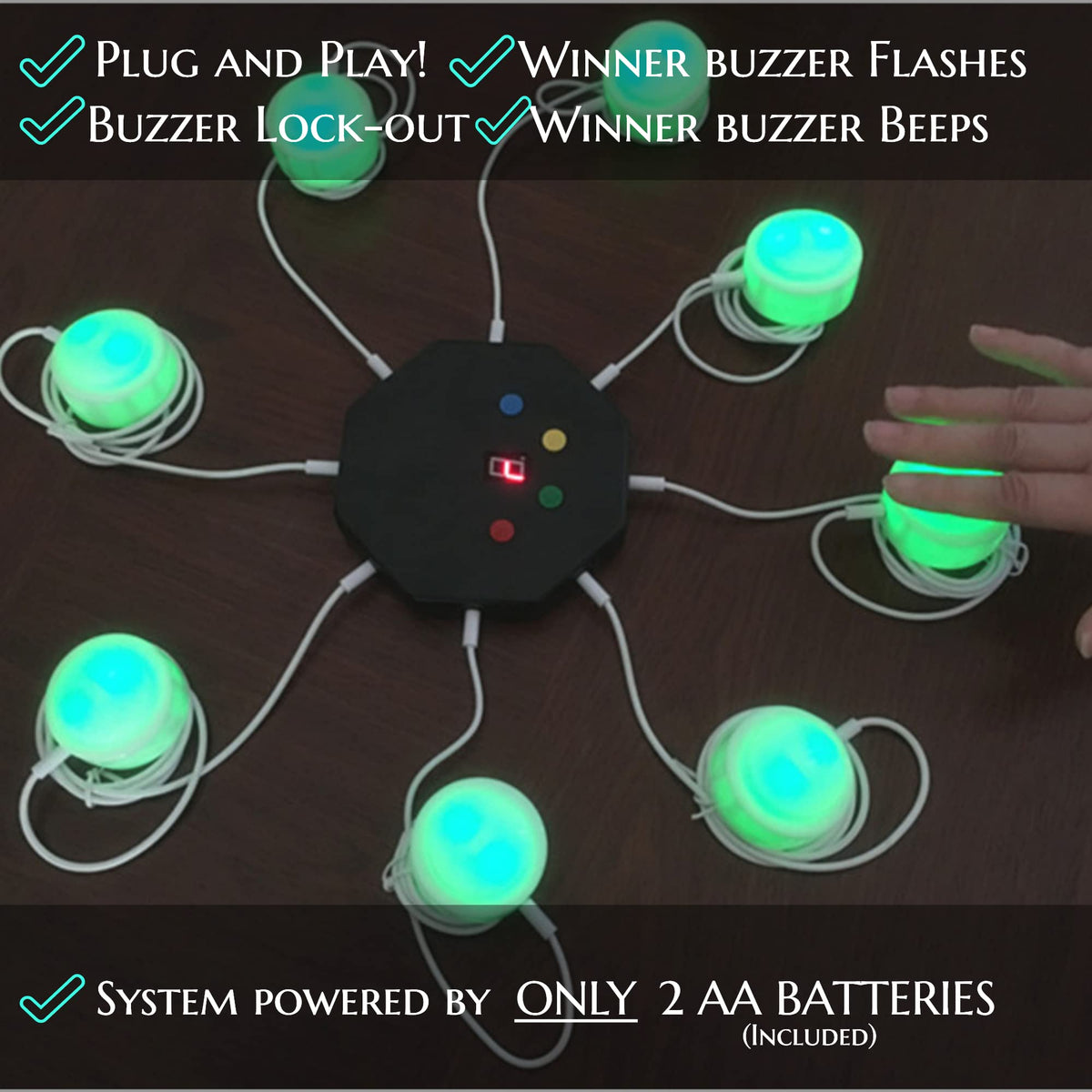 Trebisky Buzzer for Game Show, Educational and Classroom Quiz, Family Games Night, Jeopardy Trivia, Set of 8 LED Light Answer Buzzers, System w/ 3ft Cables(System 2nd Gen)