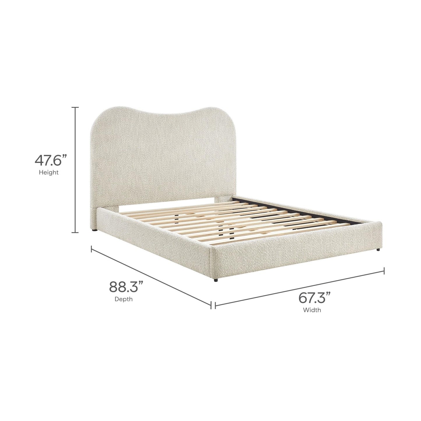 Seluna Queen Size Boucle Platform Bed in Pearl with Curved Headboard – Upholstered Queen Bed Frame with Wood Slats